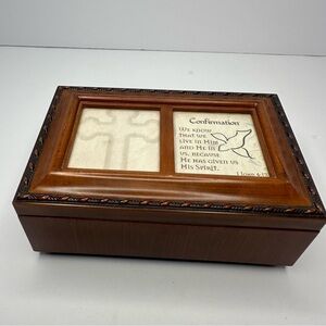 Wooden Sankyo Confirmation Musical Music Box. Religious Cross, plays song. WORKS